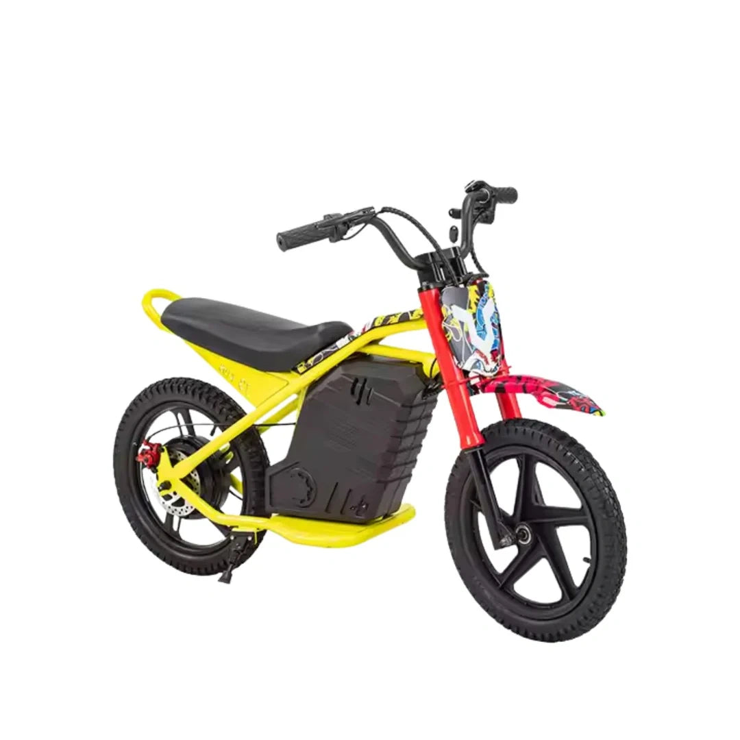 Yellow and red balance bike on a white background