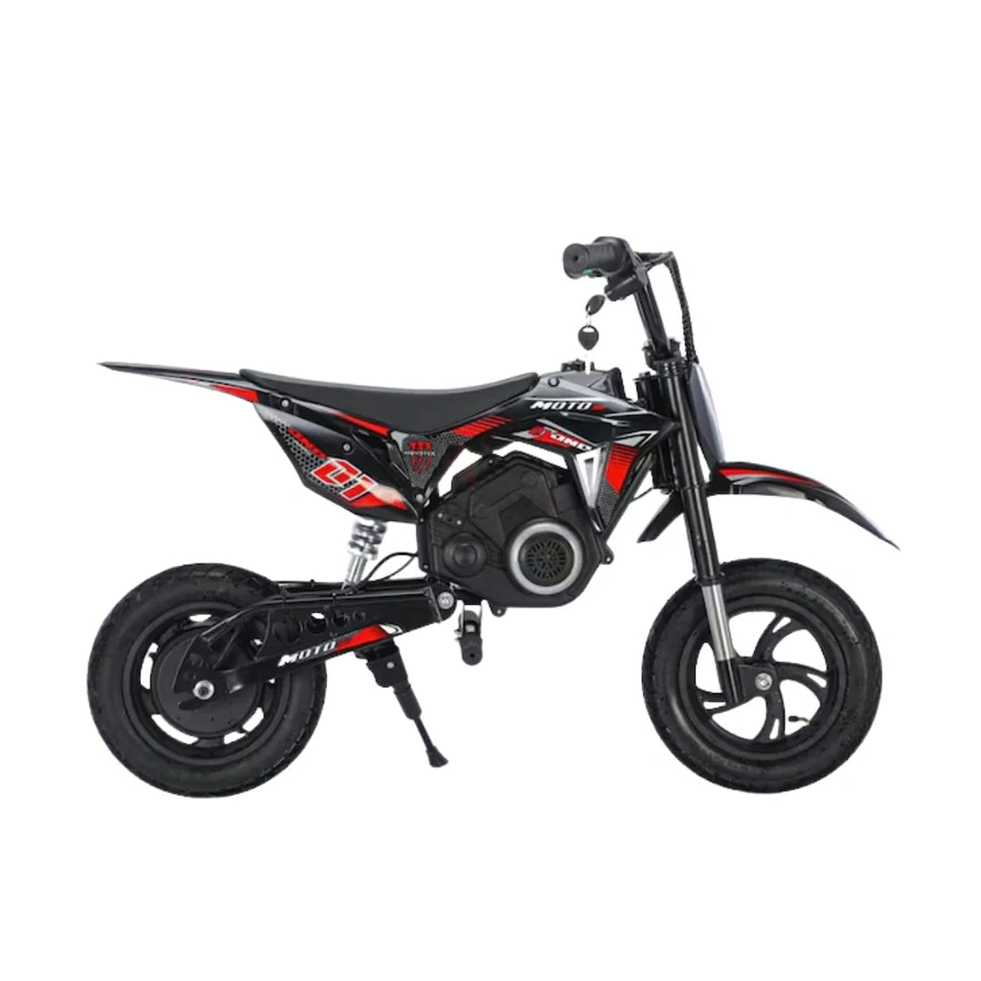 Black and red dirt bike on a white background
