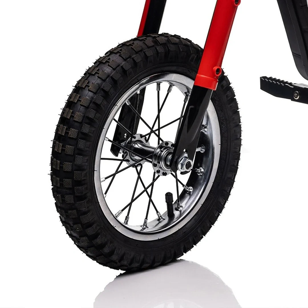 Close-up of a bicycle wheel with a red frame on a white background