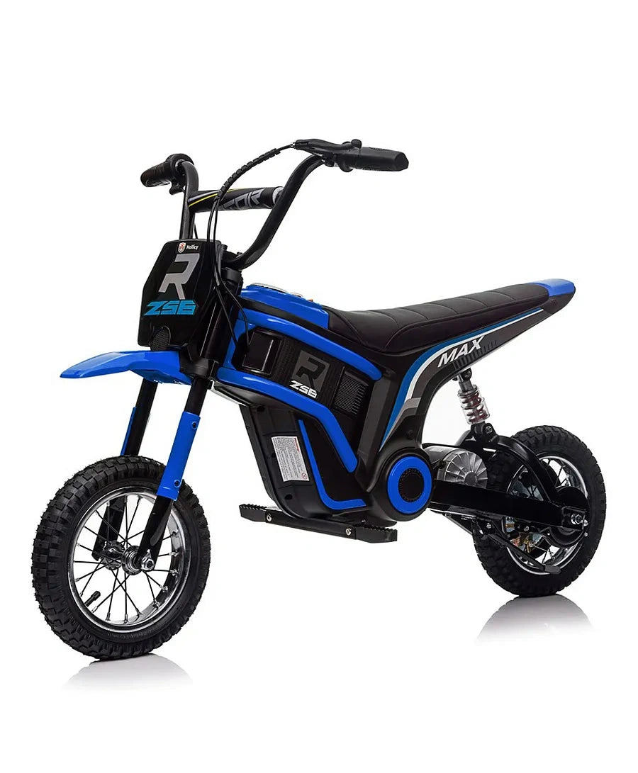 Black and blue children's electric bike on a white background