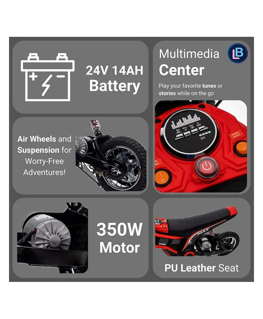 Product features including battery, multimedia center, air wheels, suspension, motor, and seat on a gray background.