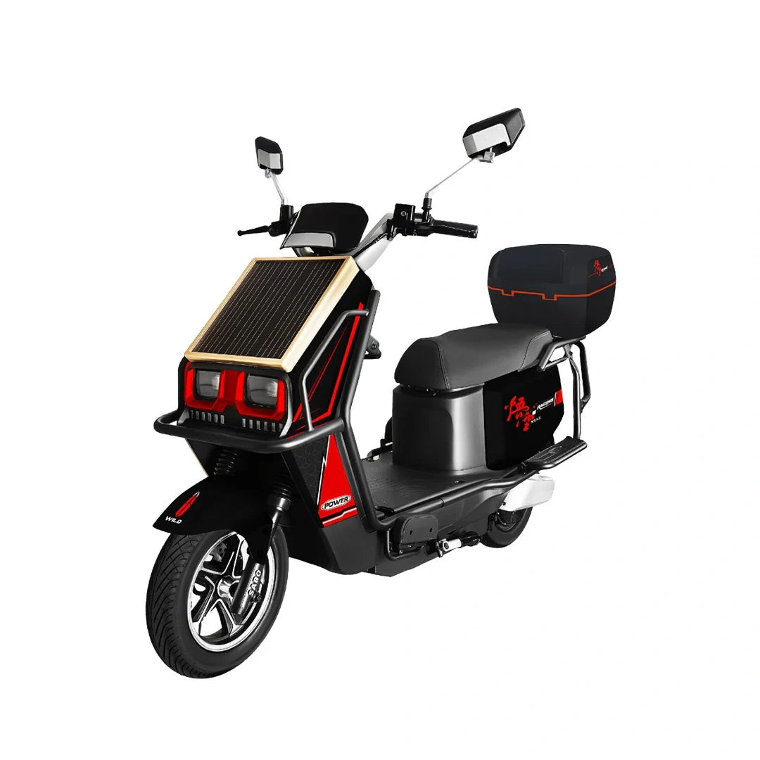 Black electric scooter with solar panel on the front against a white background