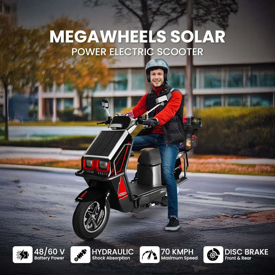 Person riding a Megawheels Solar electric scooter on a city street.
