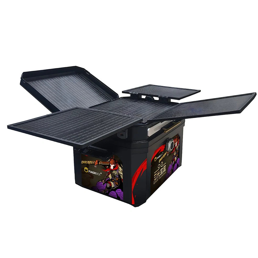 Solar panel on a battery pack with visible branding on a white background