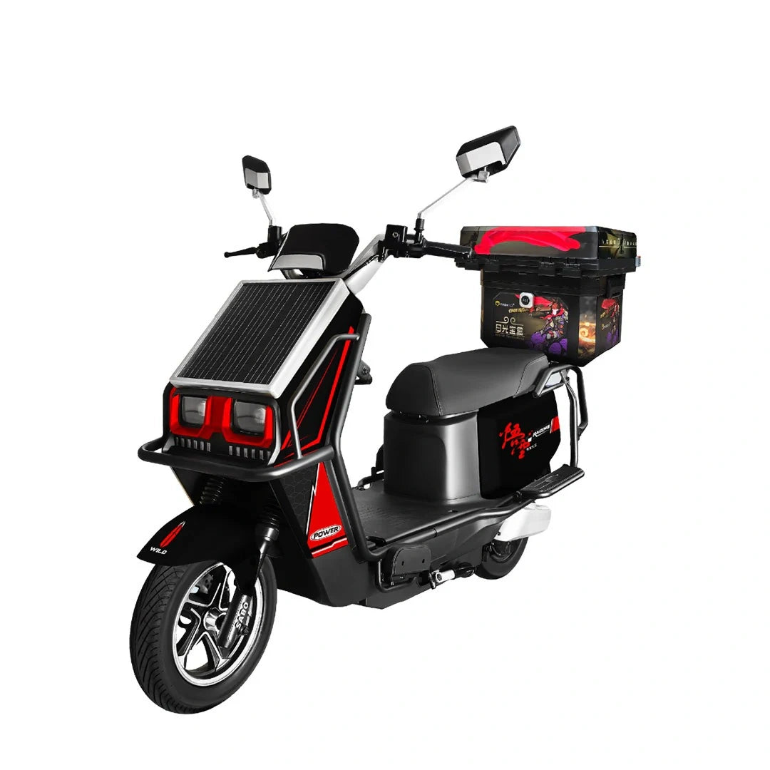 Black and red electric scooter with solar panel on a white background