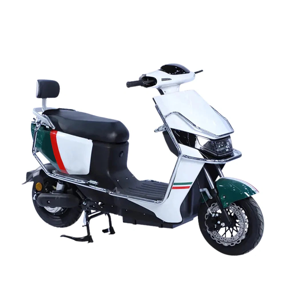 White scooter with black seat and green accents on a white background