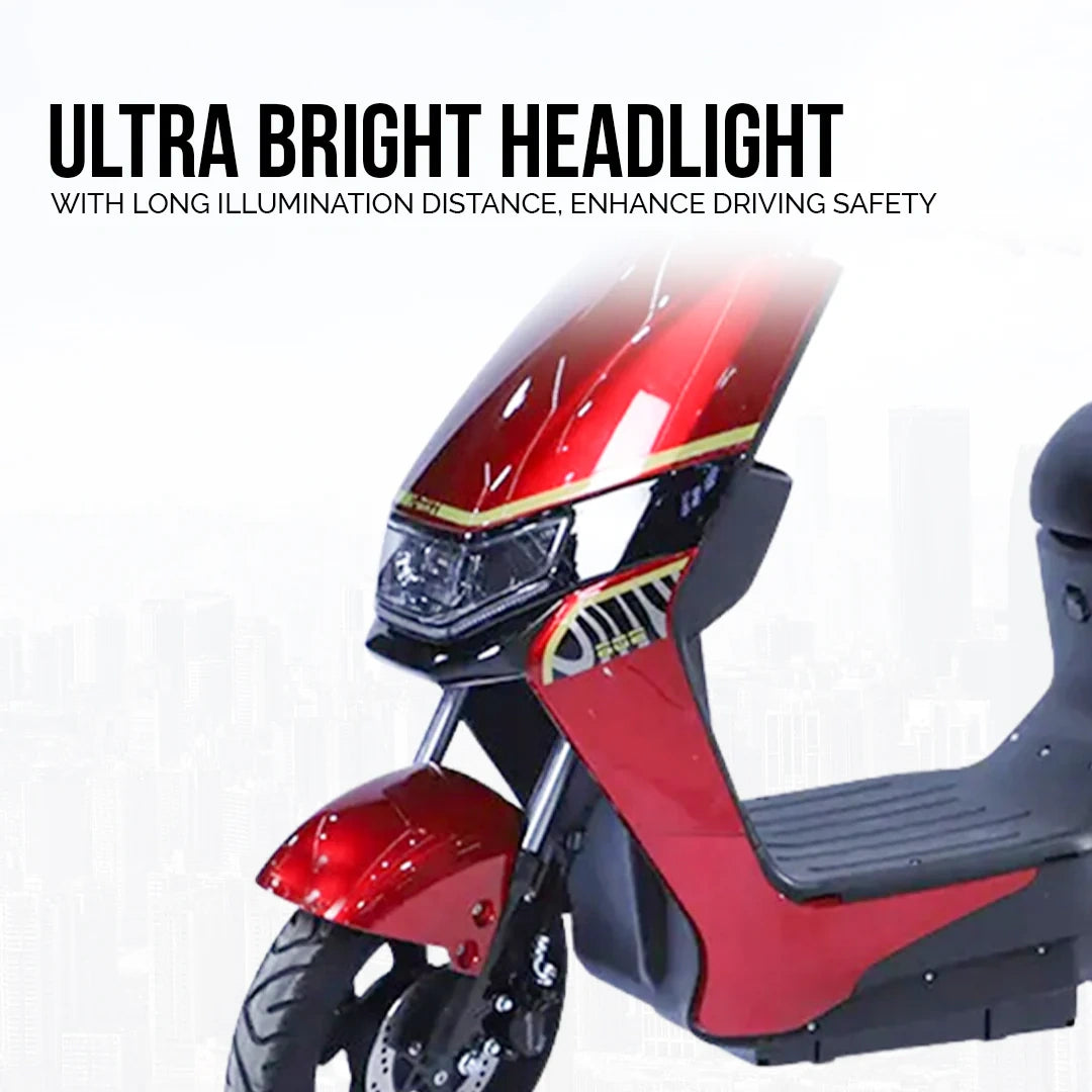 Red scooter with ultra bright headlight feature on a white background