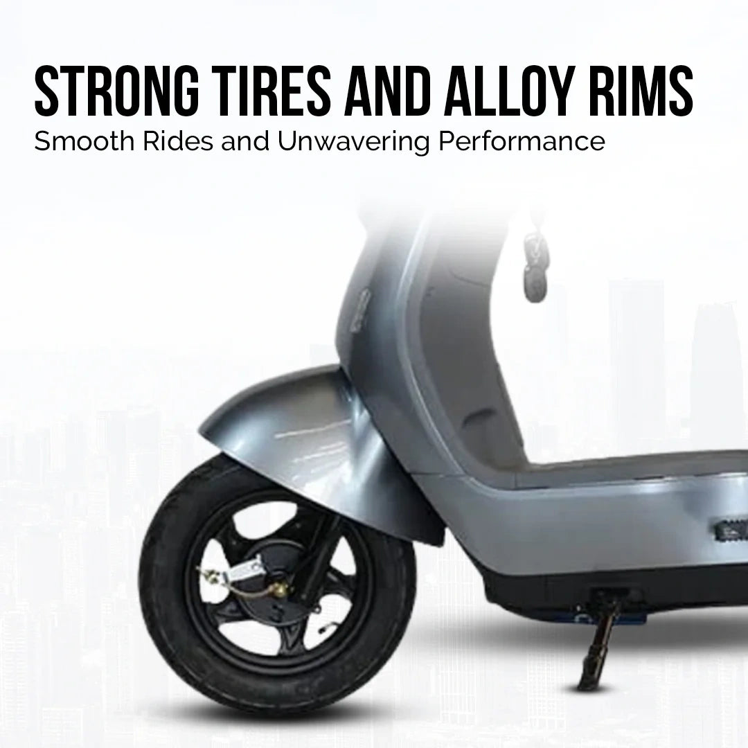 Scooter with strong tires and alloy rims on a white background