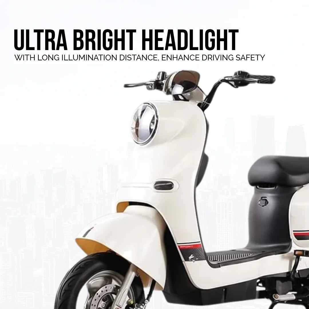 White scooter with black seat on a white background, featuring text about ultra bright headlights.