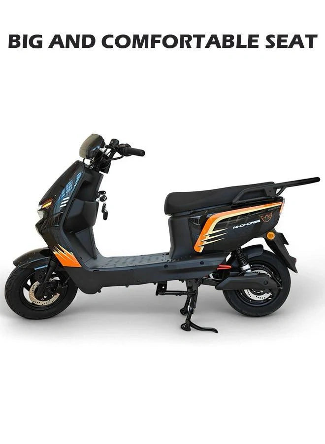 Black electric scooter with orange accents on a white background, highlighting the 'Big and Comfortable Seat' feature.