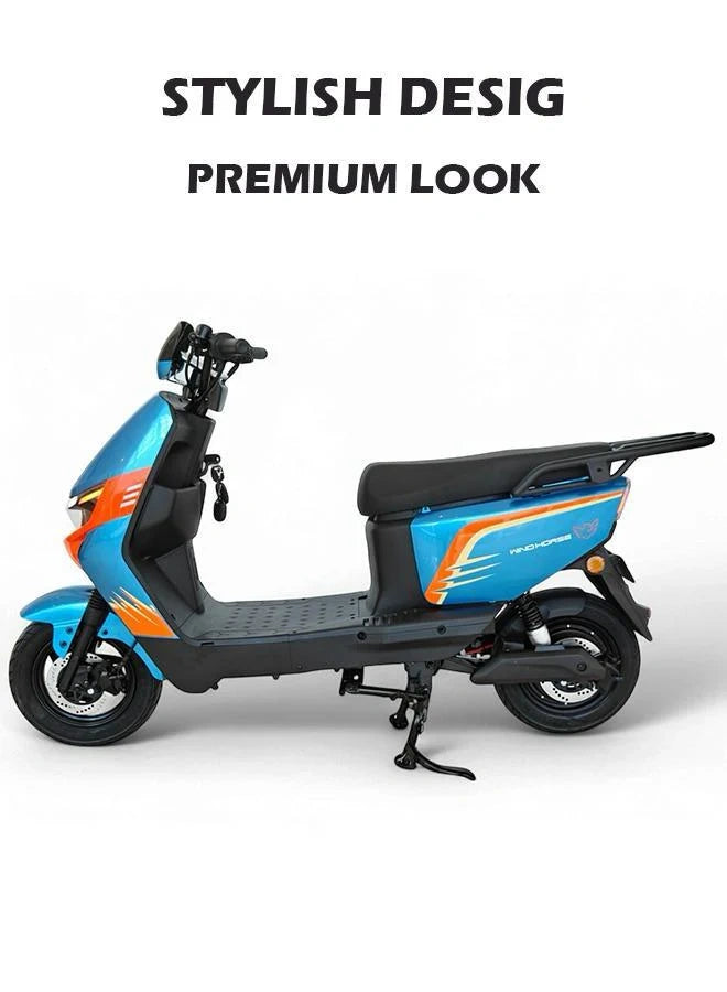 Blue and orange electric scooter with 'Stylish Design' and 'Premium Look' text on a white background