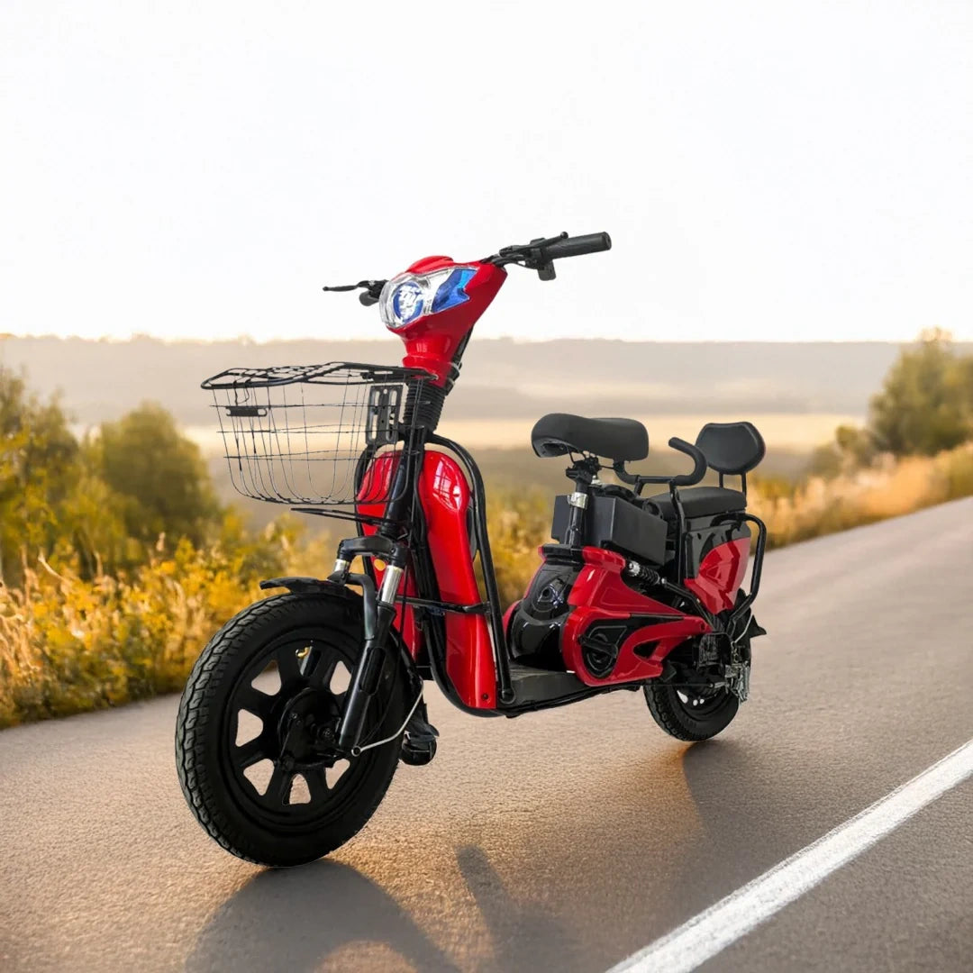 Red electric scooter on a road with a scenic background