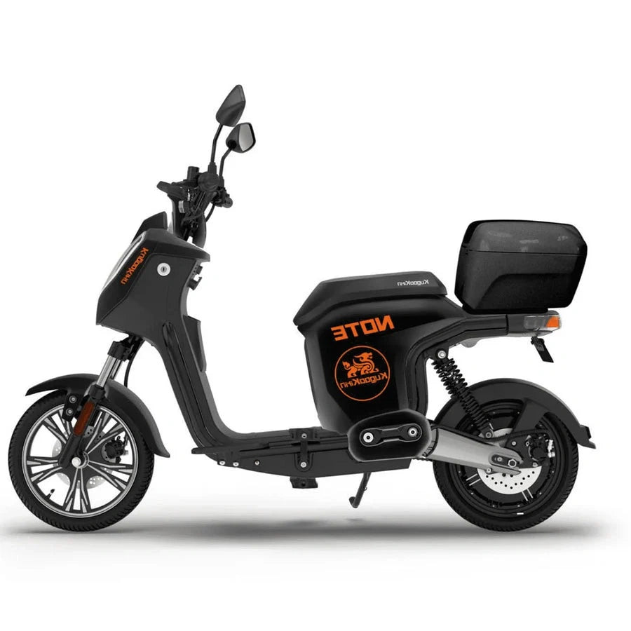 Black electric scooter with orange branding on a white background