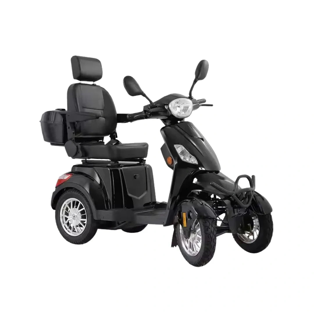 Black three-wheeled mobility scooter on a white background