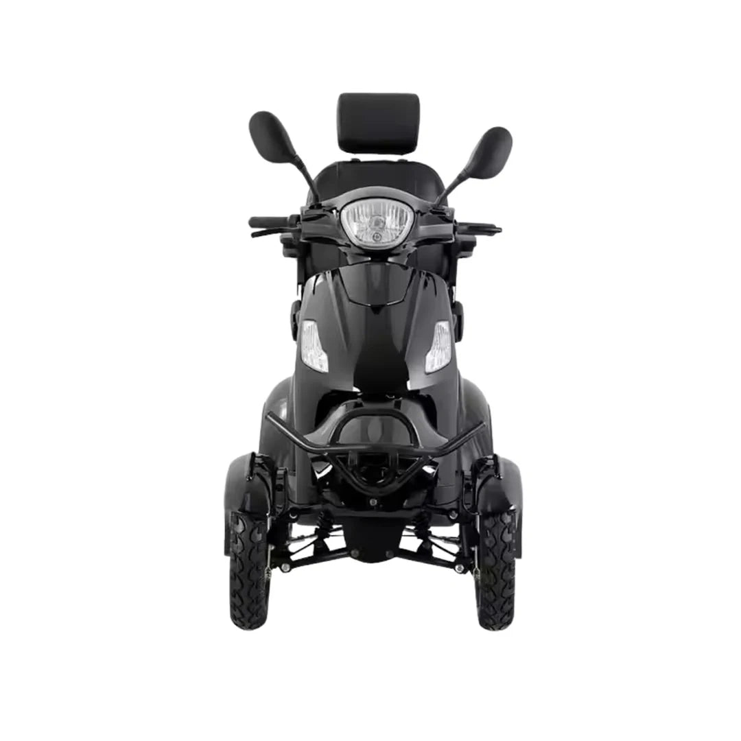 Black three-wheeled mobility scooter on a white background