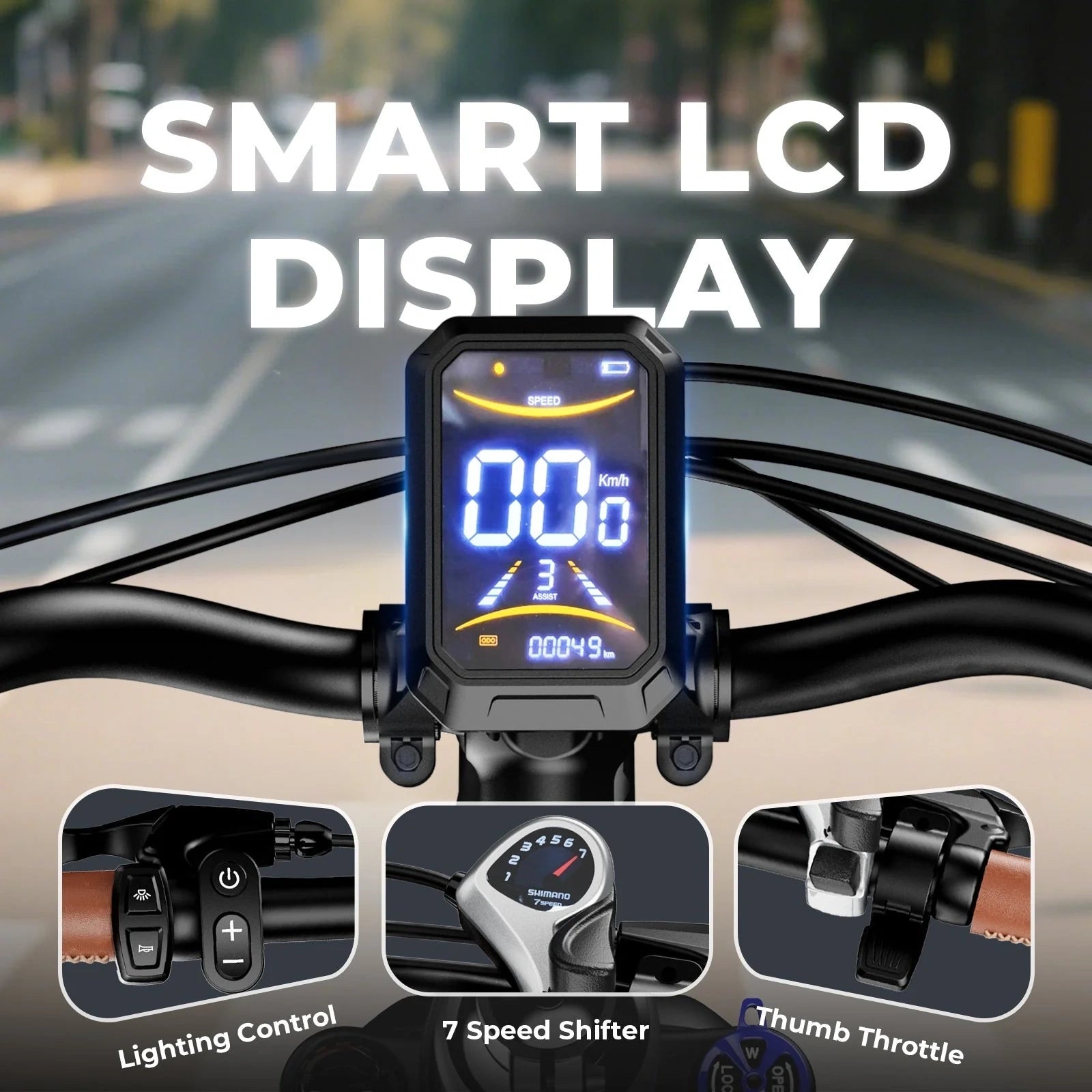 Smart LCD display on bicycle handlebars with road background