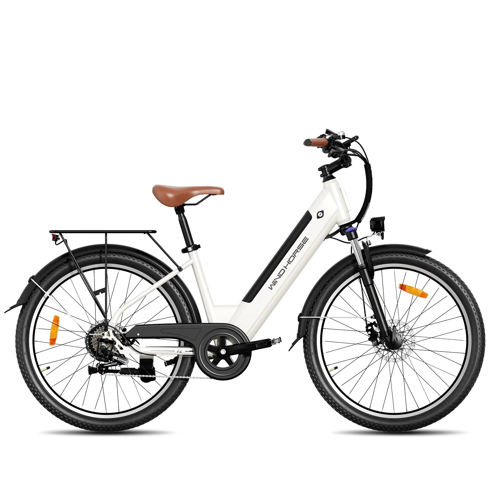 White electric bicycle with brown seat on a white background