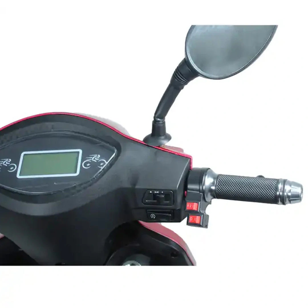 Close-up of a motorcycle handlebar with digital display and control buttons on a white background