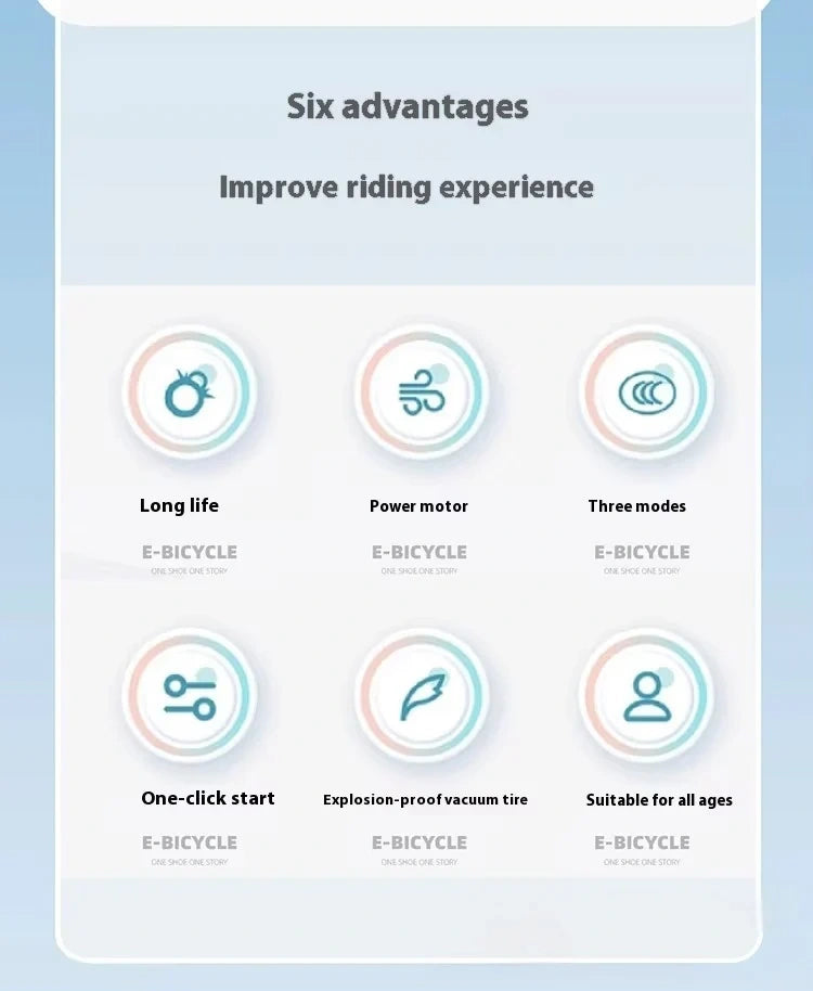 Six advantages of an e-bicycle displayed on a light blue background