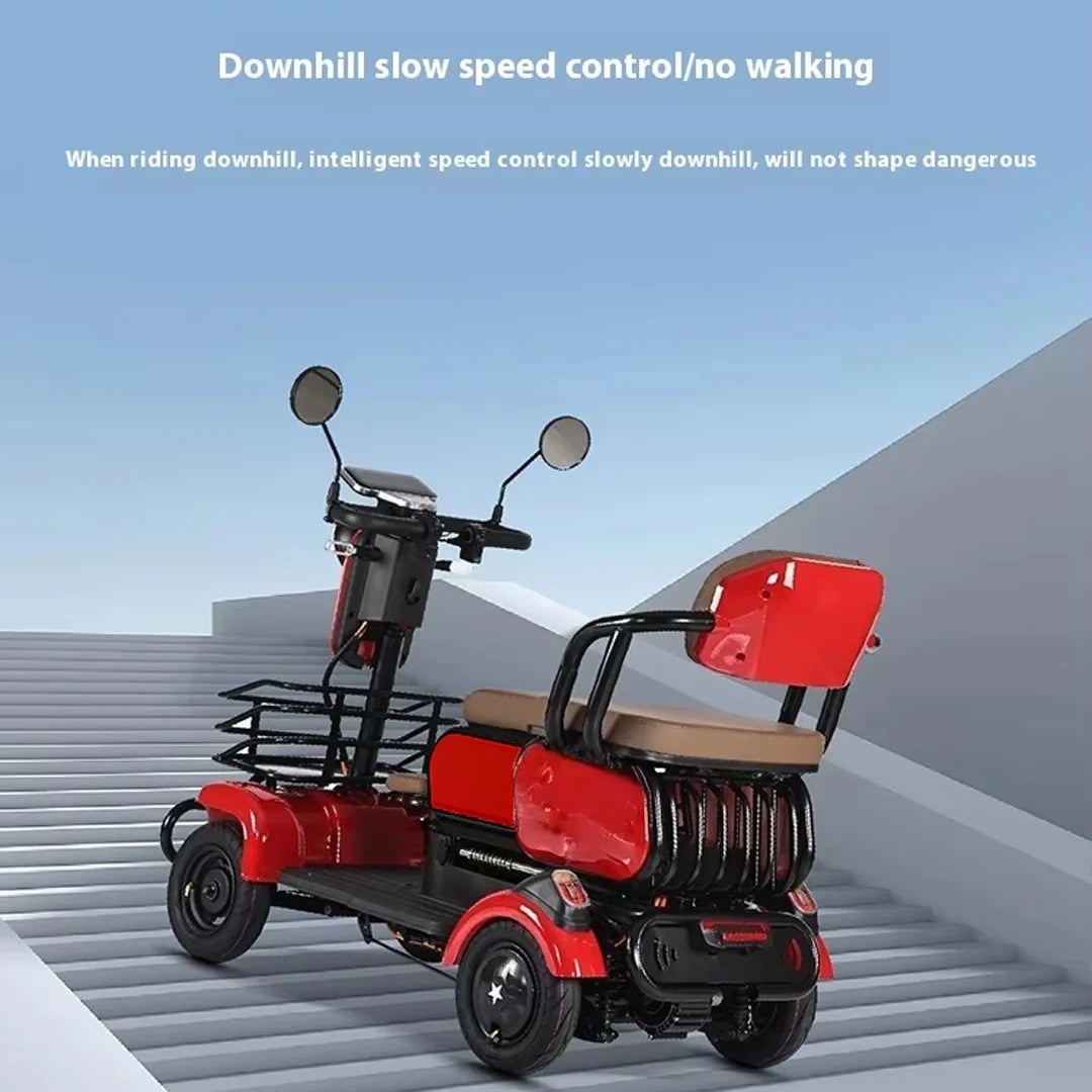 Red electric scooter with a large seat on a white background