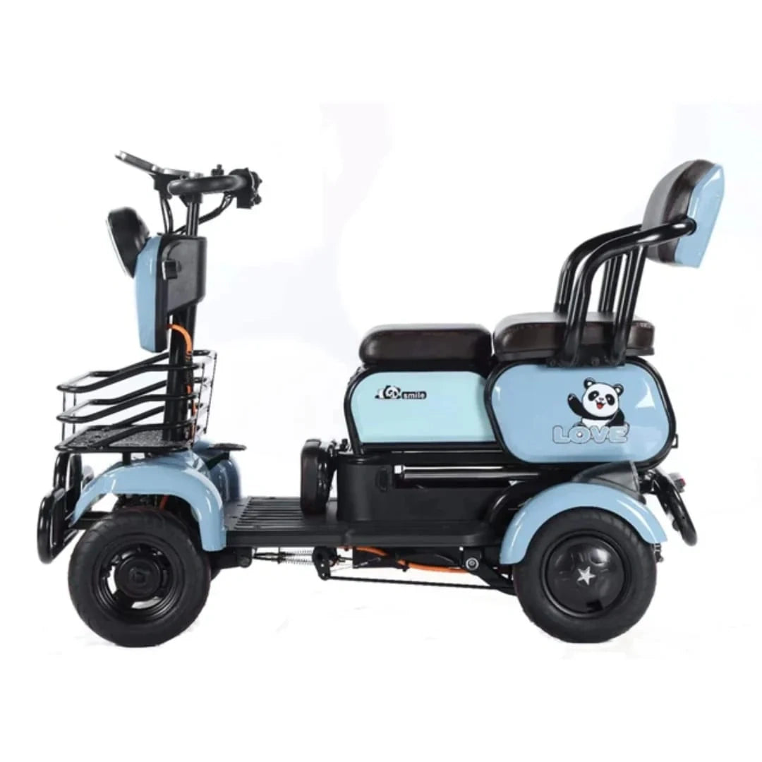 Light blue and black mobility scooter with panda design on a white background