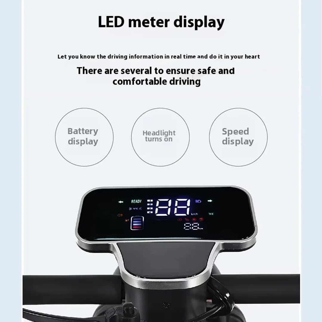 LED meter display on a bike handlebar with text about driving information.