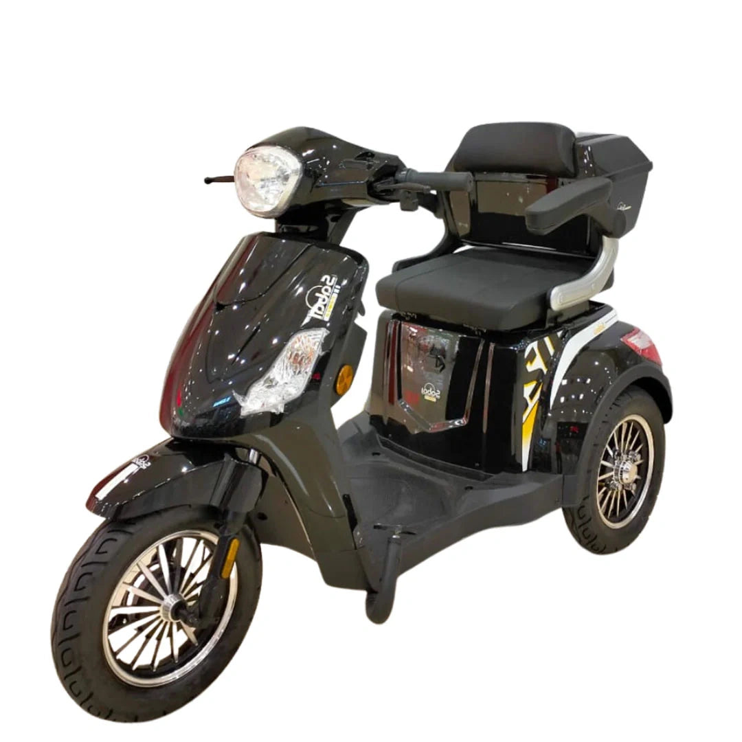 Black three-wheeled scooter on a white background