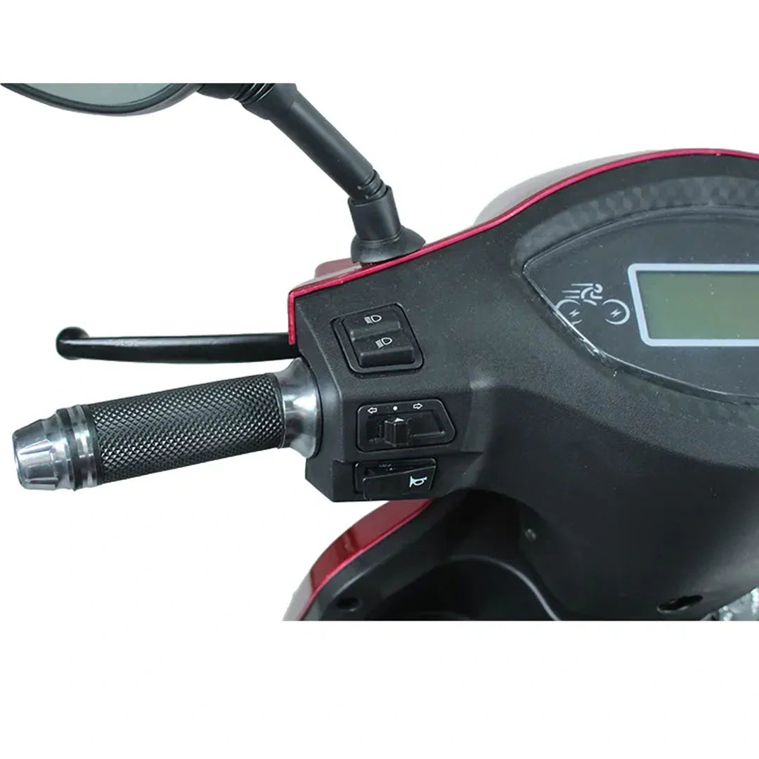 Close-up of a motorcycle handlebar with controls and digital display on a white background