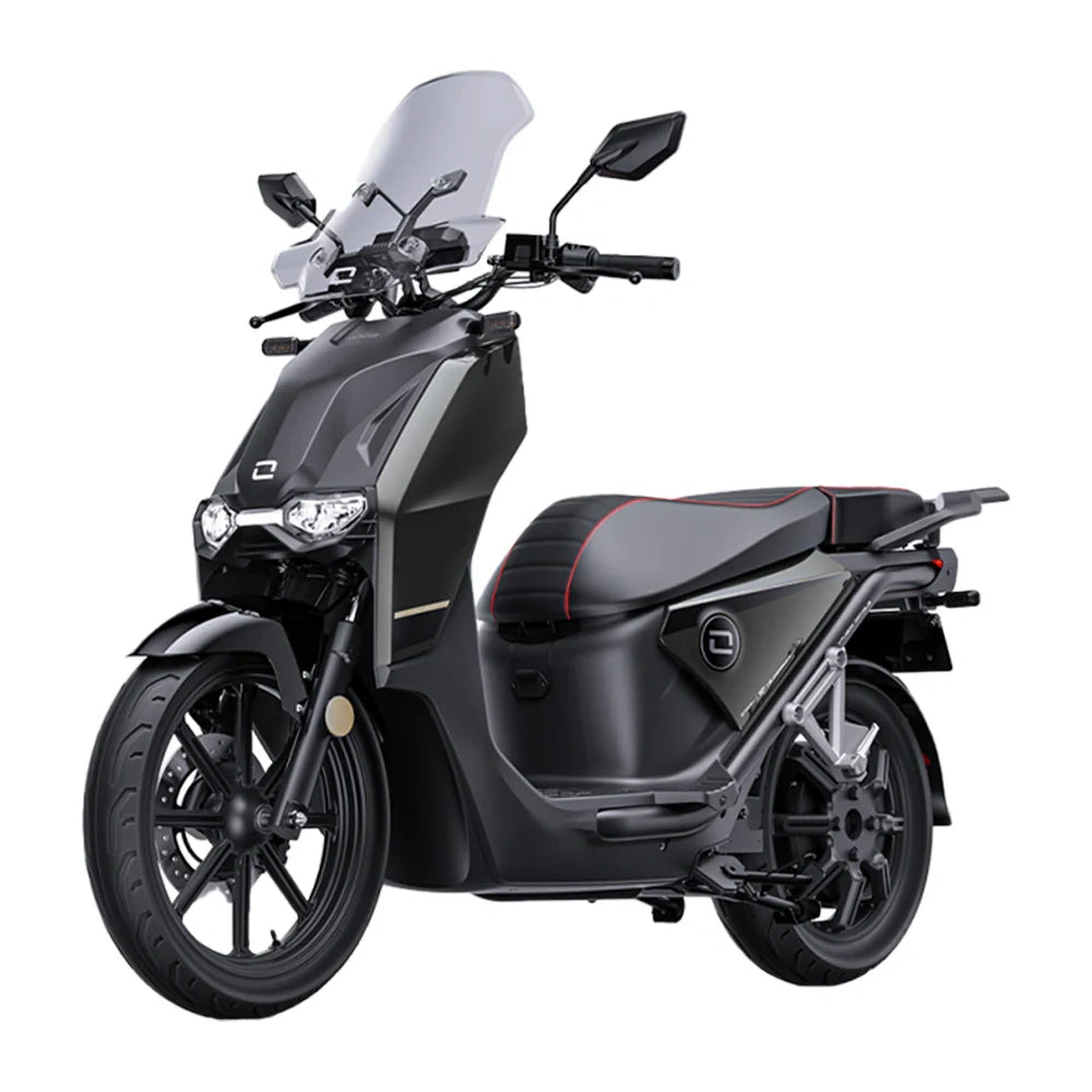 Black scooter with a clear windshield on a white background