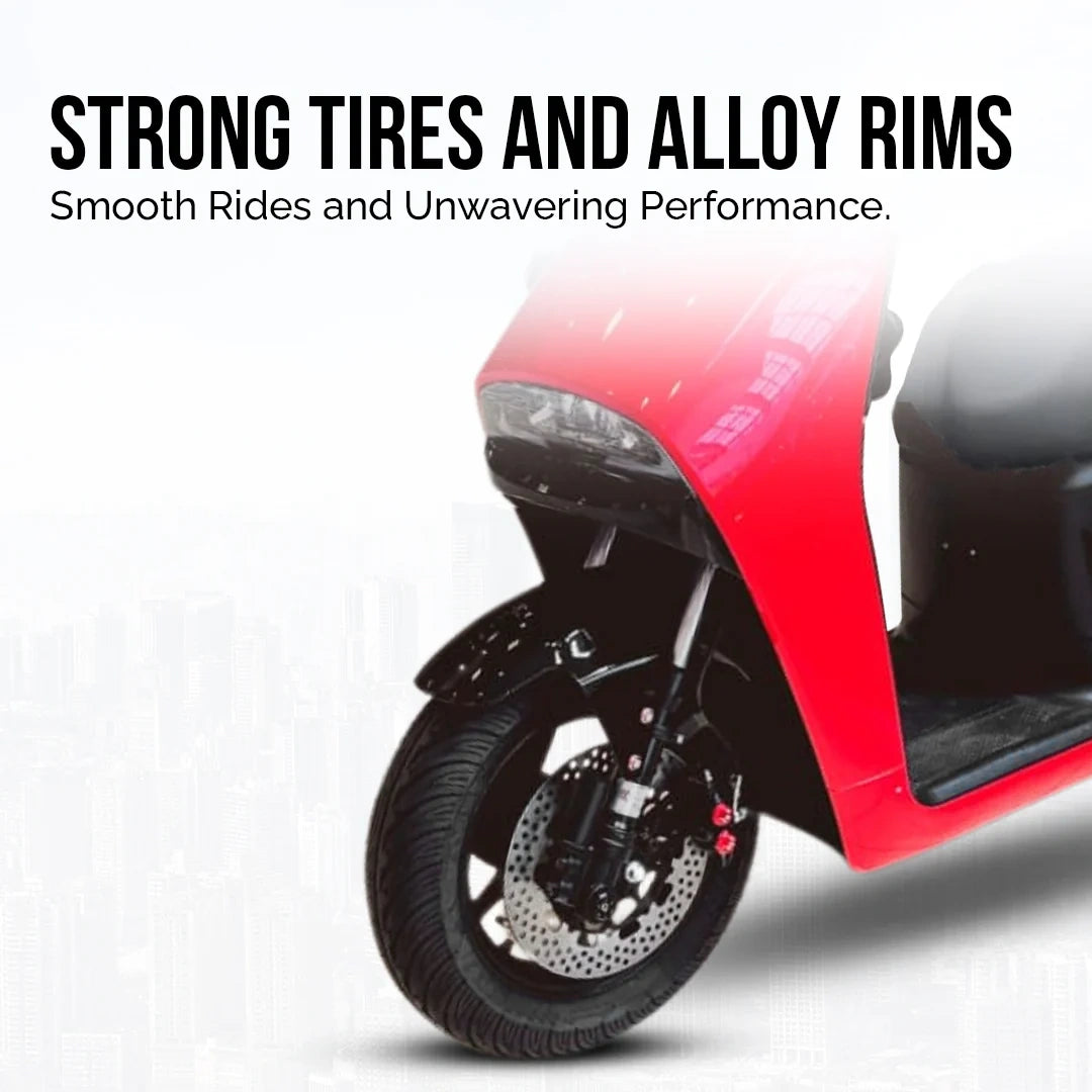 Red scooter with alloy rim and strong tires on a white background