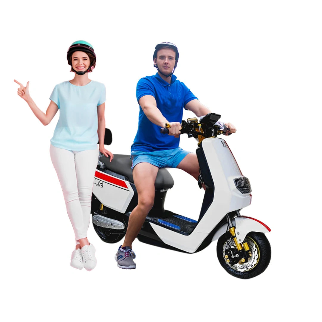 Two people with a white scooter on a white background