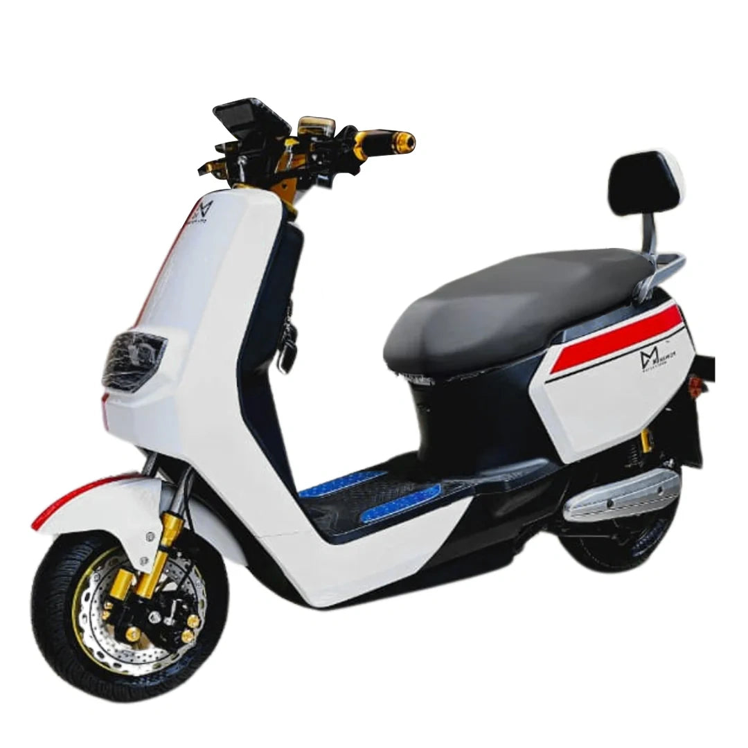 White electric scooter with black and red accents on a white background