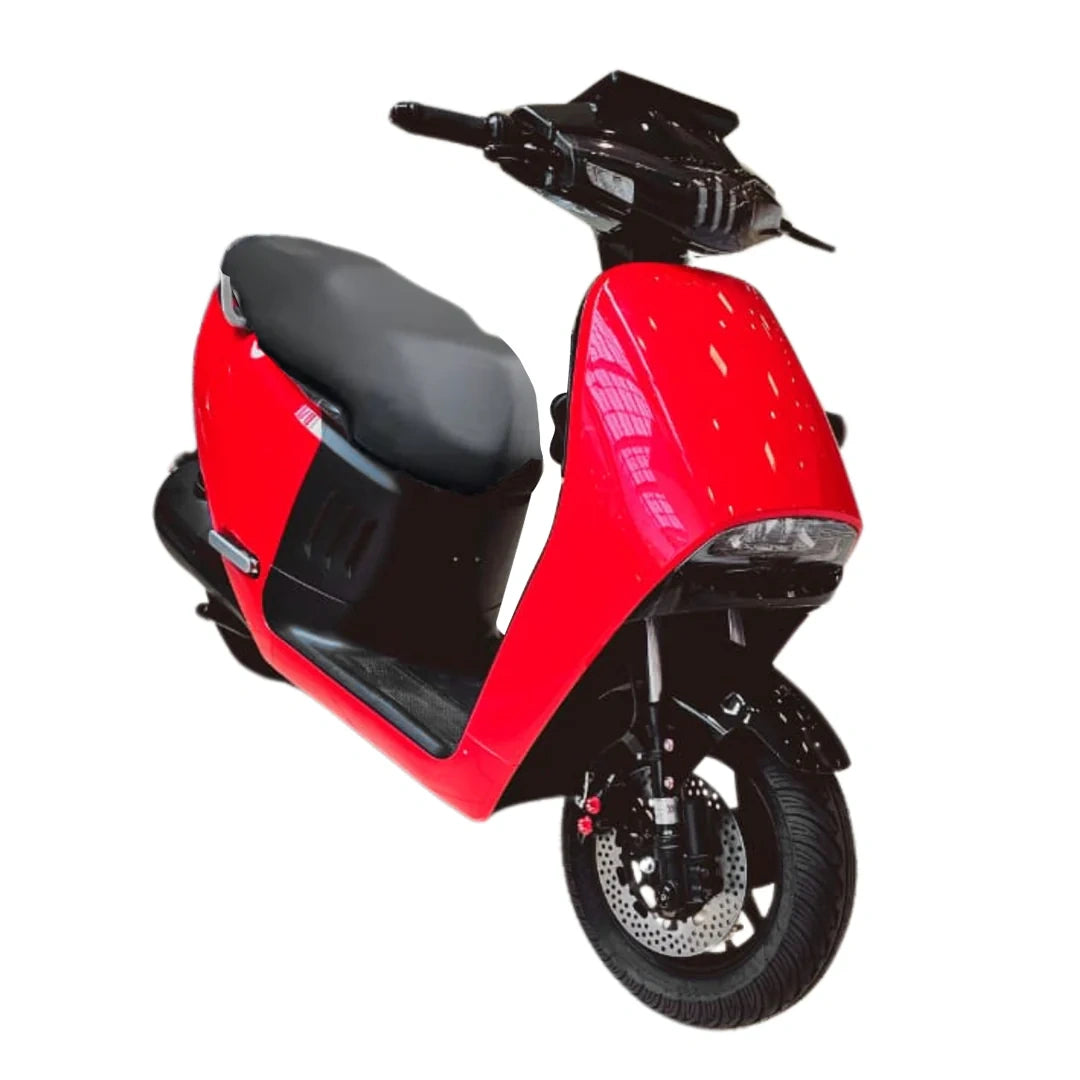 Red scooter with black seat on a white background
