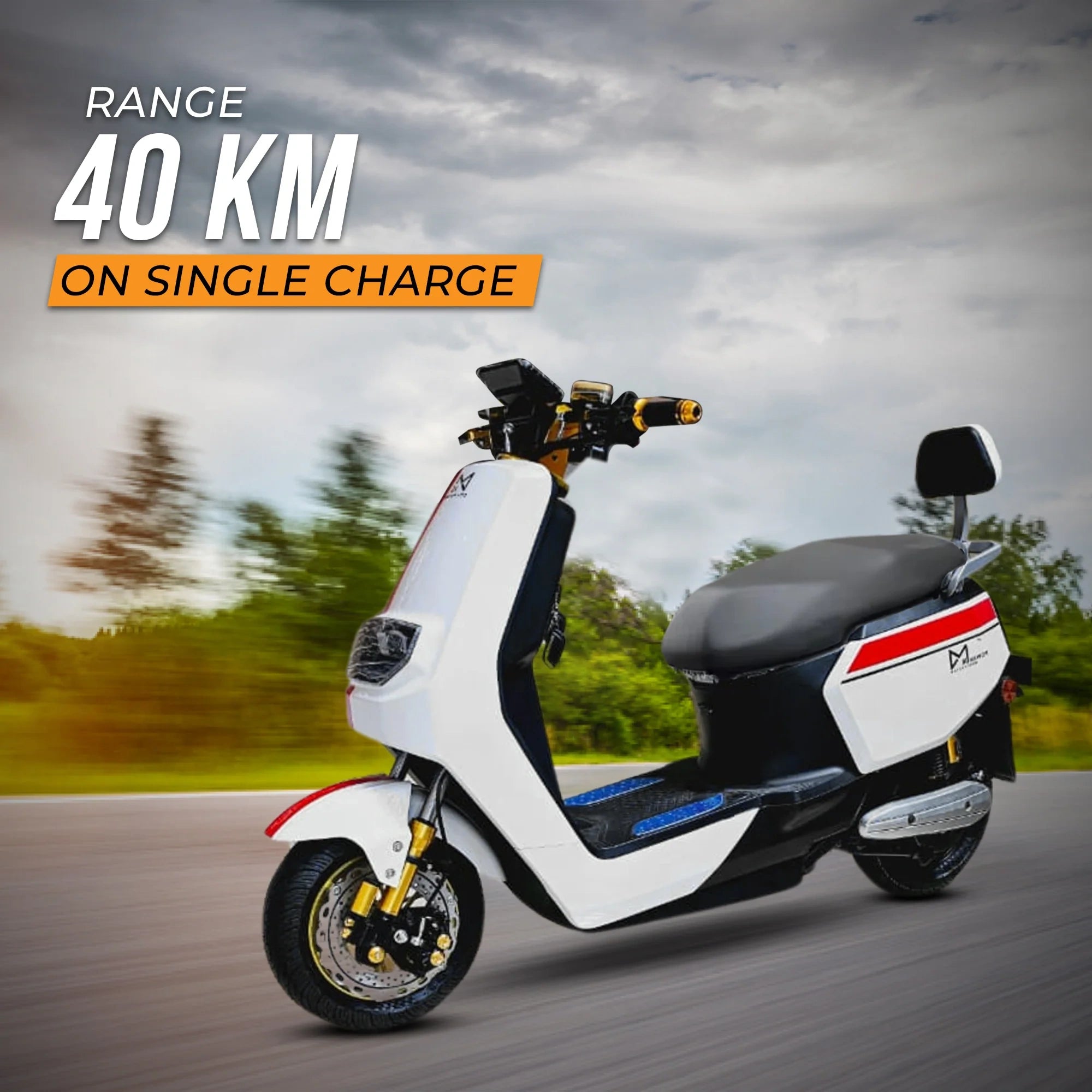 Electric scooter with range 40 KM on single charge text against a blurred road and tree background