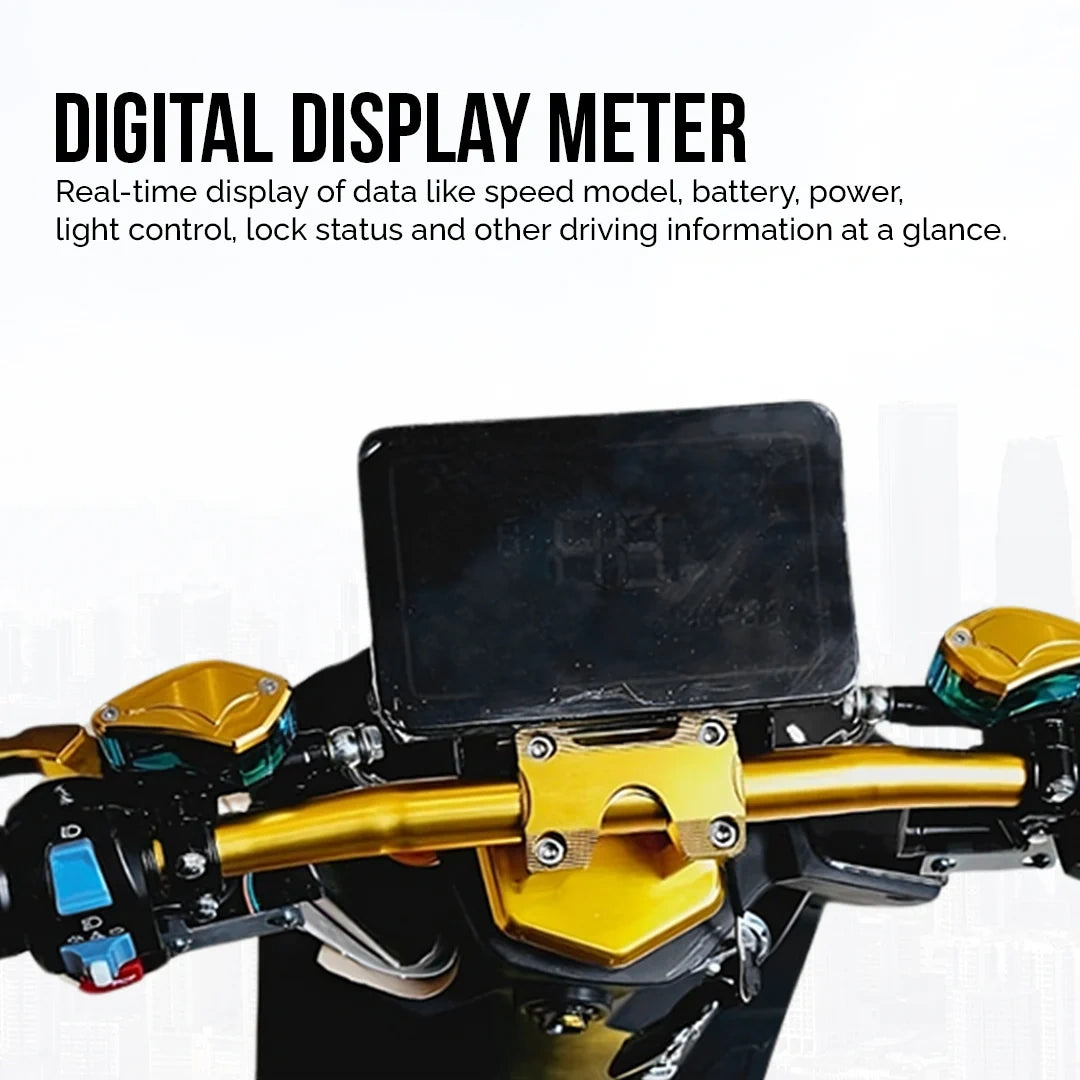 Digital display meter on a scooter handlebar with text describing its functions.