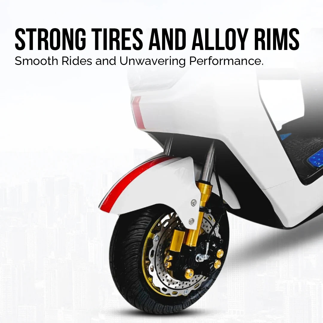Close-up of a scooter's wheel with 'Strong Tires and Alloy Rims' text on a white background