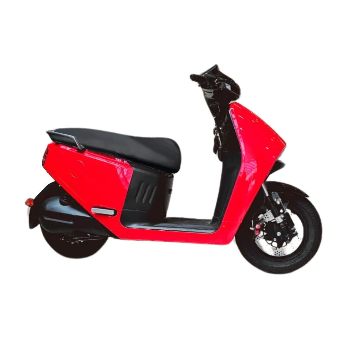 Red scooter with black seat on a white background