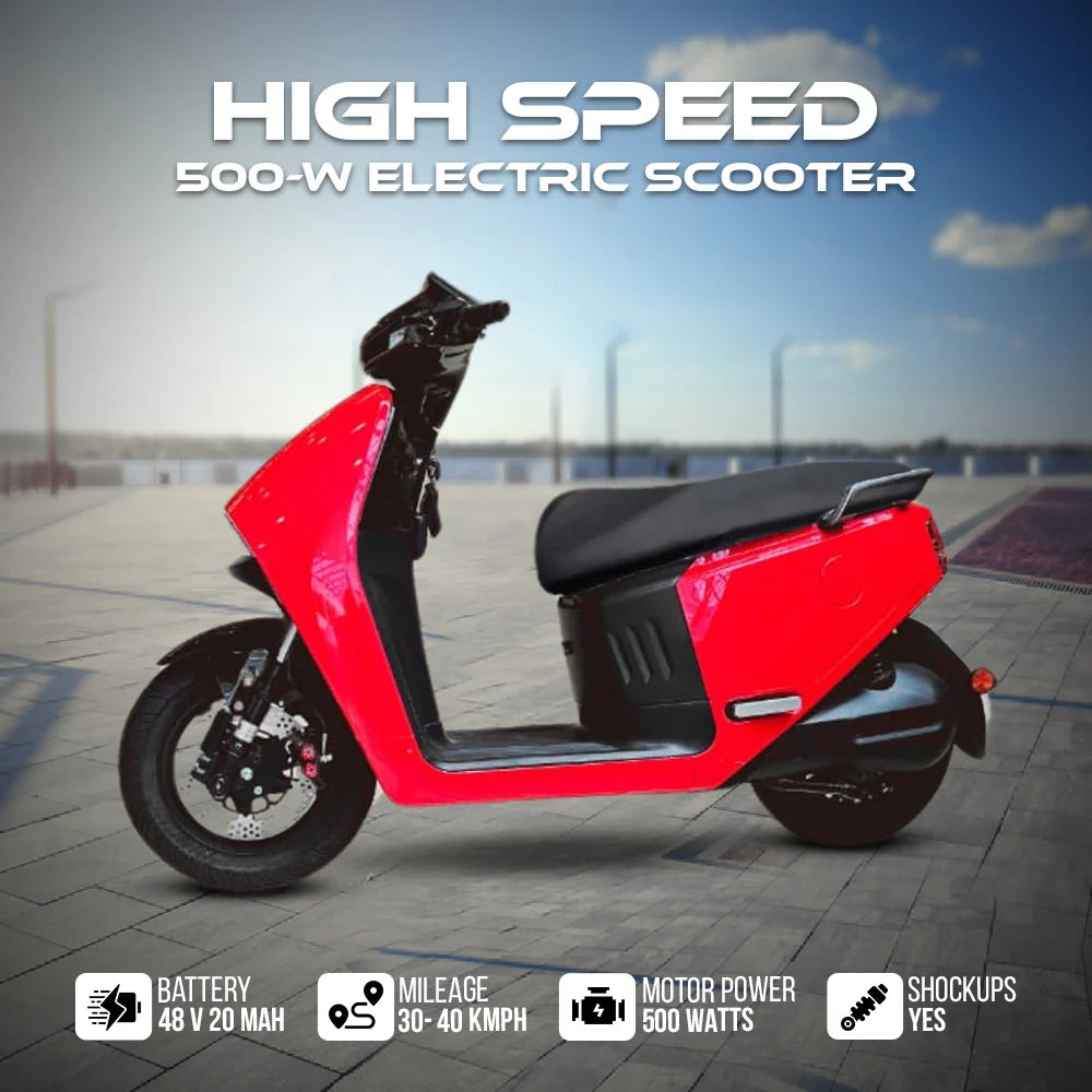 Red electric scooter with specifications on a blurred background