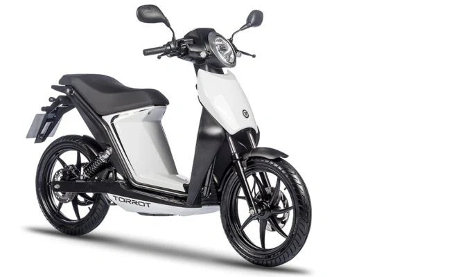 White electric scooter with black accents on a white background