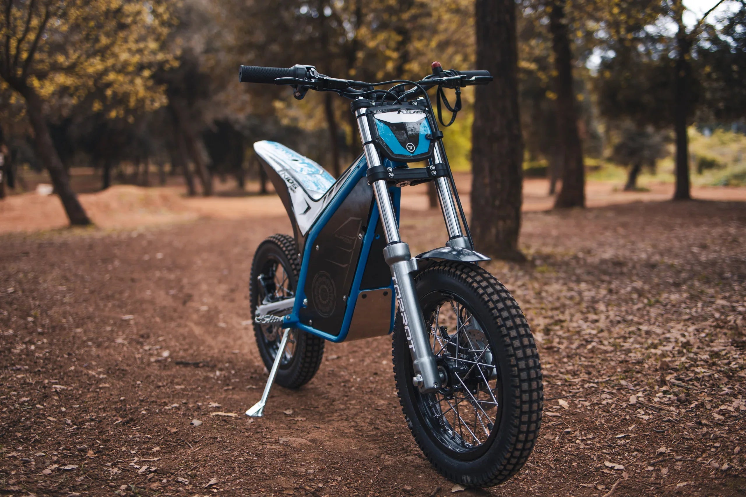 Blue off-road bicycle on a dirt path with trees in the background