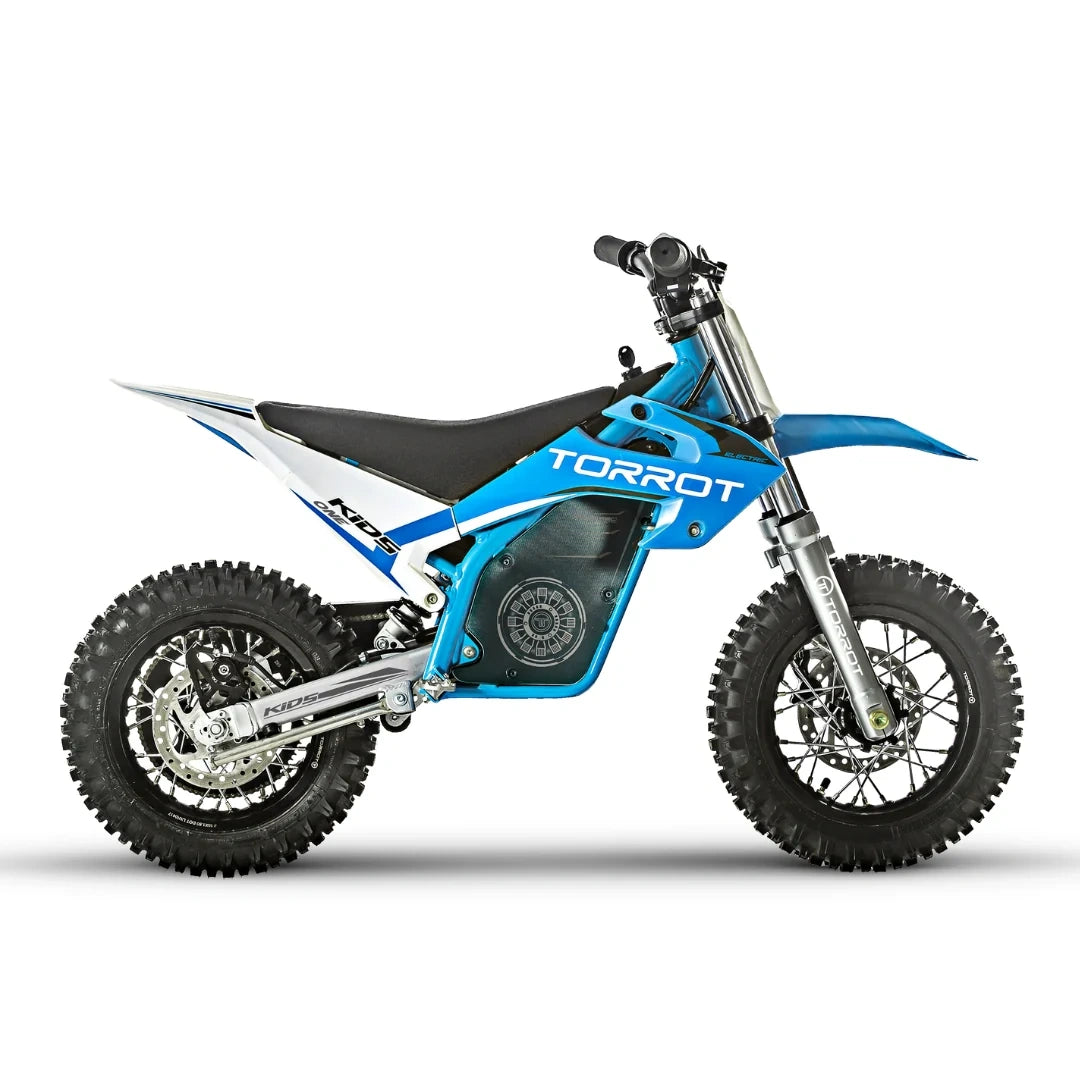 Blue and black dirt bike with 'TORROT' branding on a white background