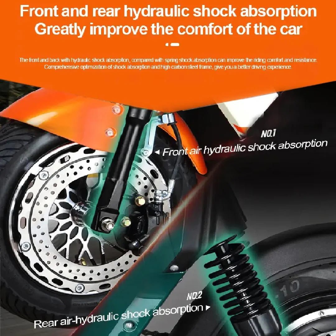 Motorcycle with front and rear air hydraulic shock absorbers on an orange background