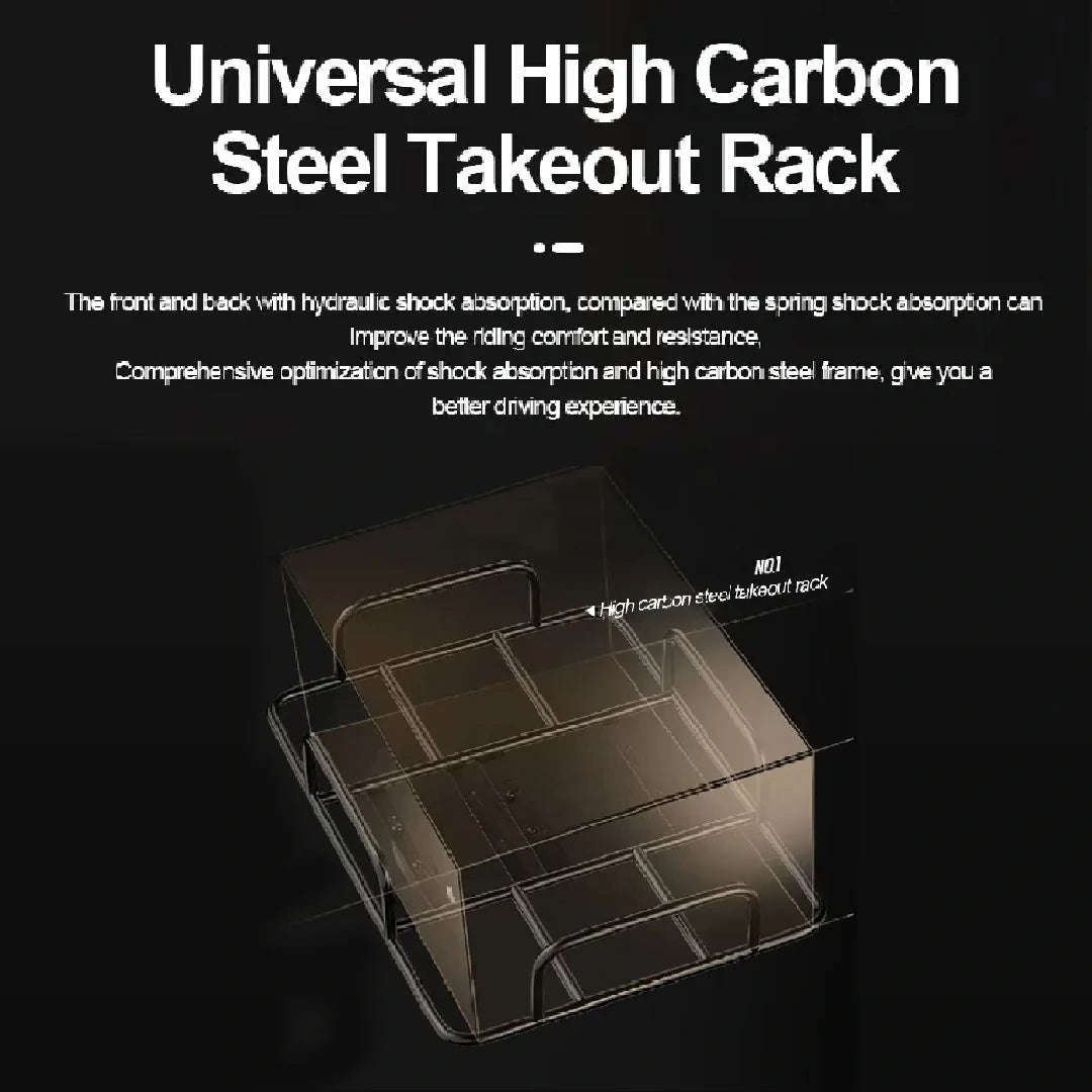 Universal High Carbon Steel Takeout Rack with text on a dark background
