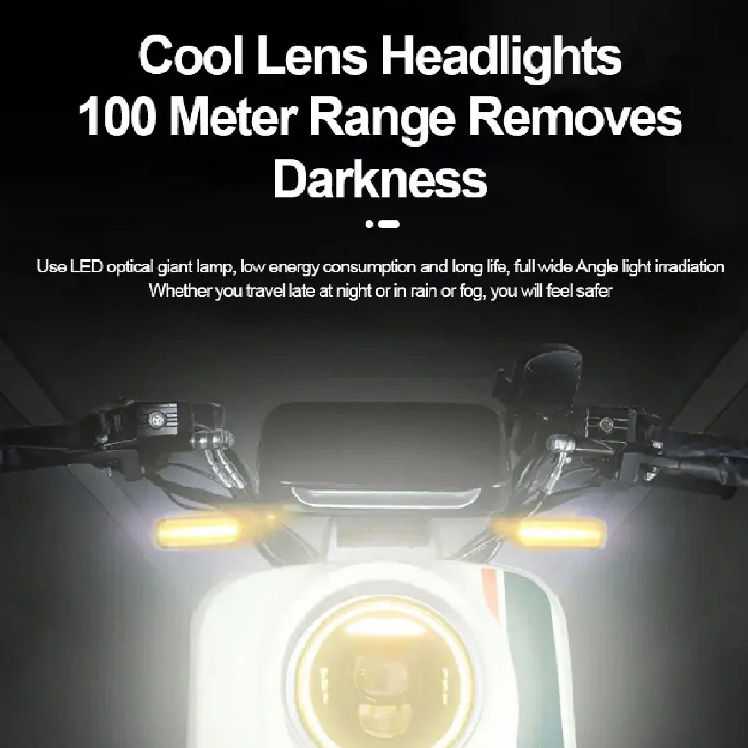 Motorcycle with cool lens headlights on a dark background