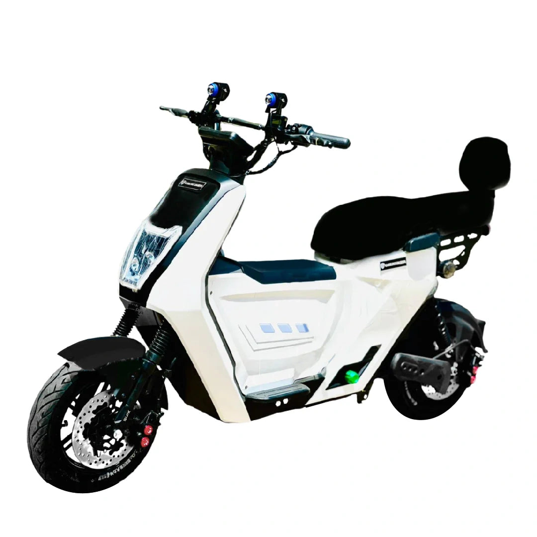 White electric scooter with black seat on a white background
