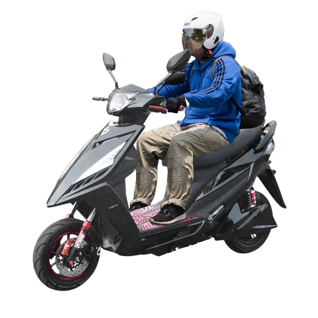 Person riding a scooter with a white background