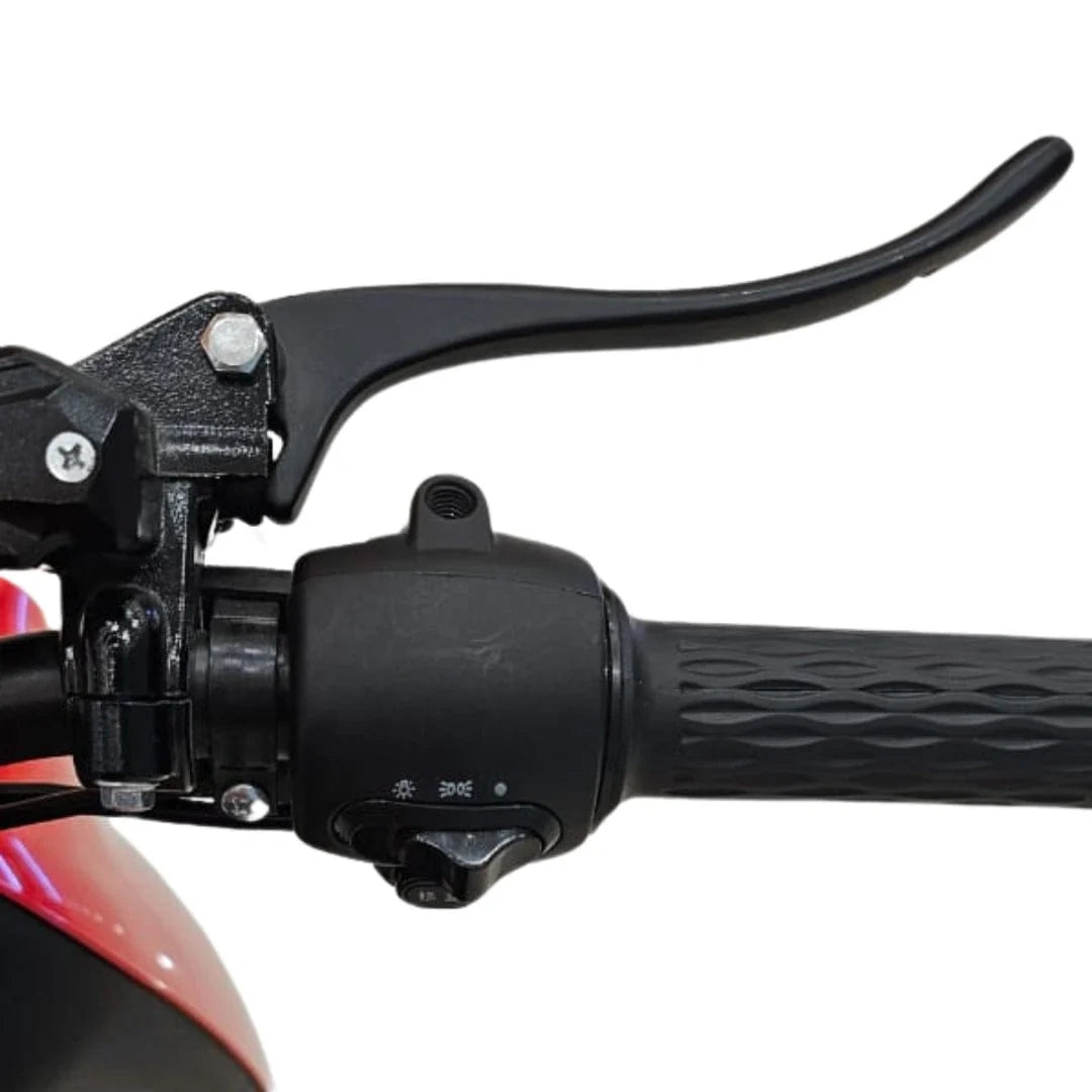 Close-up of a motorcycle handlebar with black grips and lever on a white background