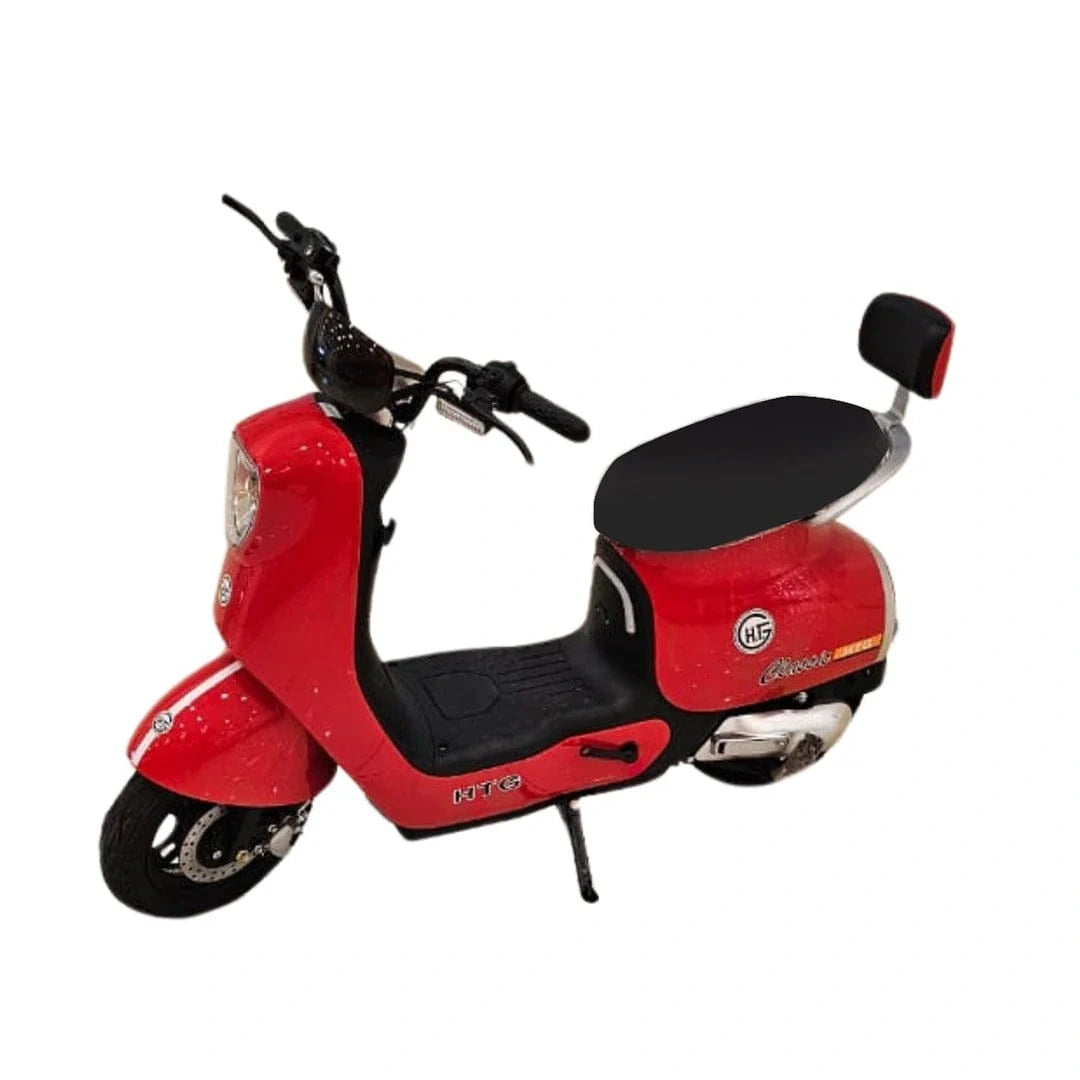 Red scooter with black seat on a white background