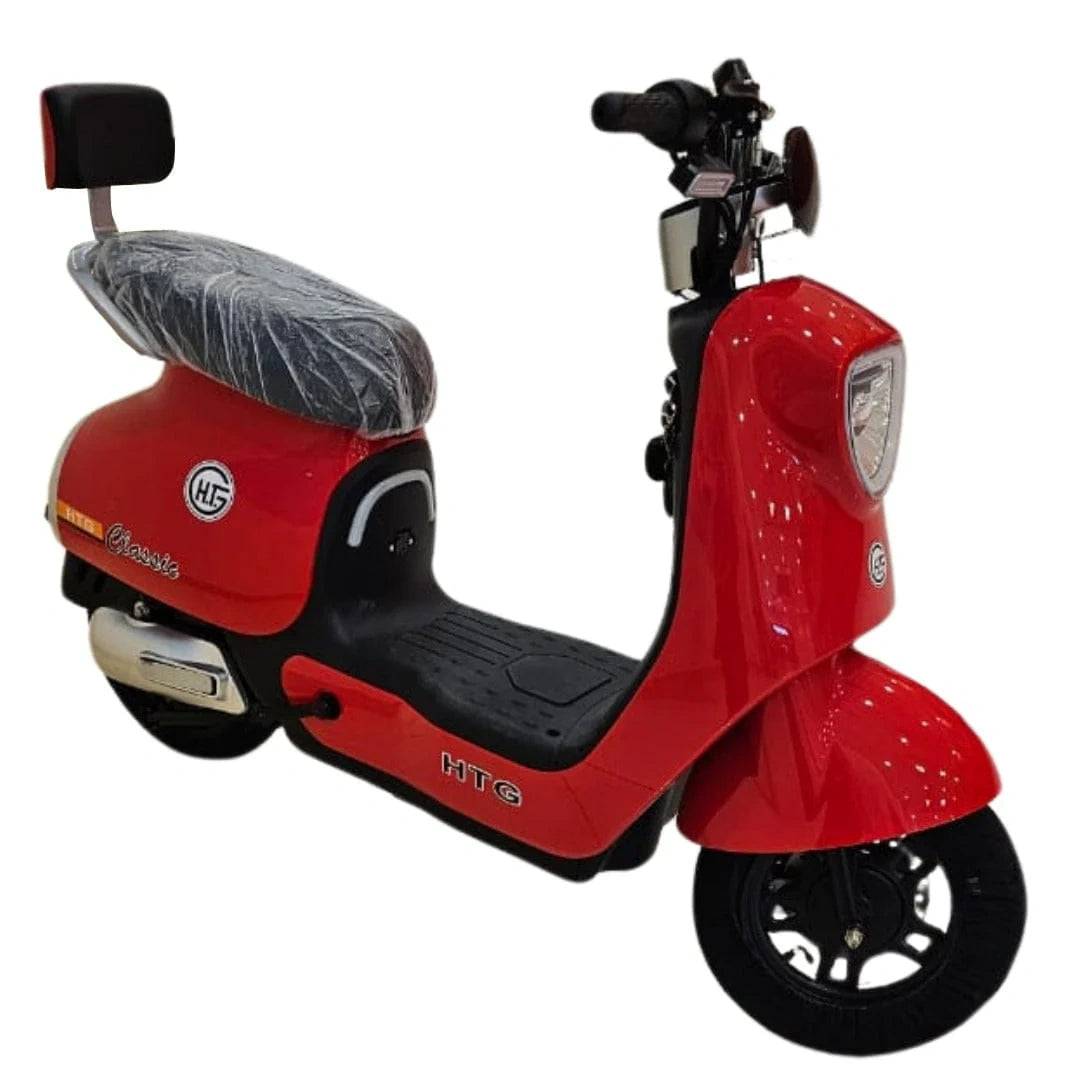 Red scooter with black seat on a white background