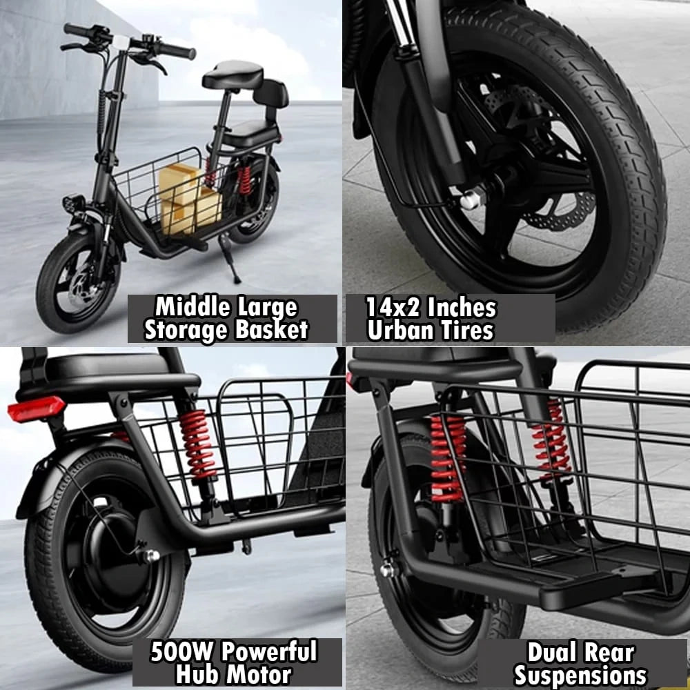 Electric bike features including storage basket, tire size, hub motor, and suspensions.